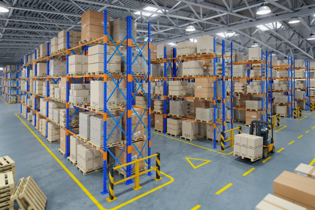 Forklift truck in warehouse or storage and shelves with cardboar