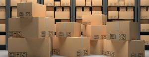 Cardboard boxes on warehouse storage shelves background. 3d illustration